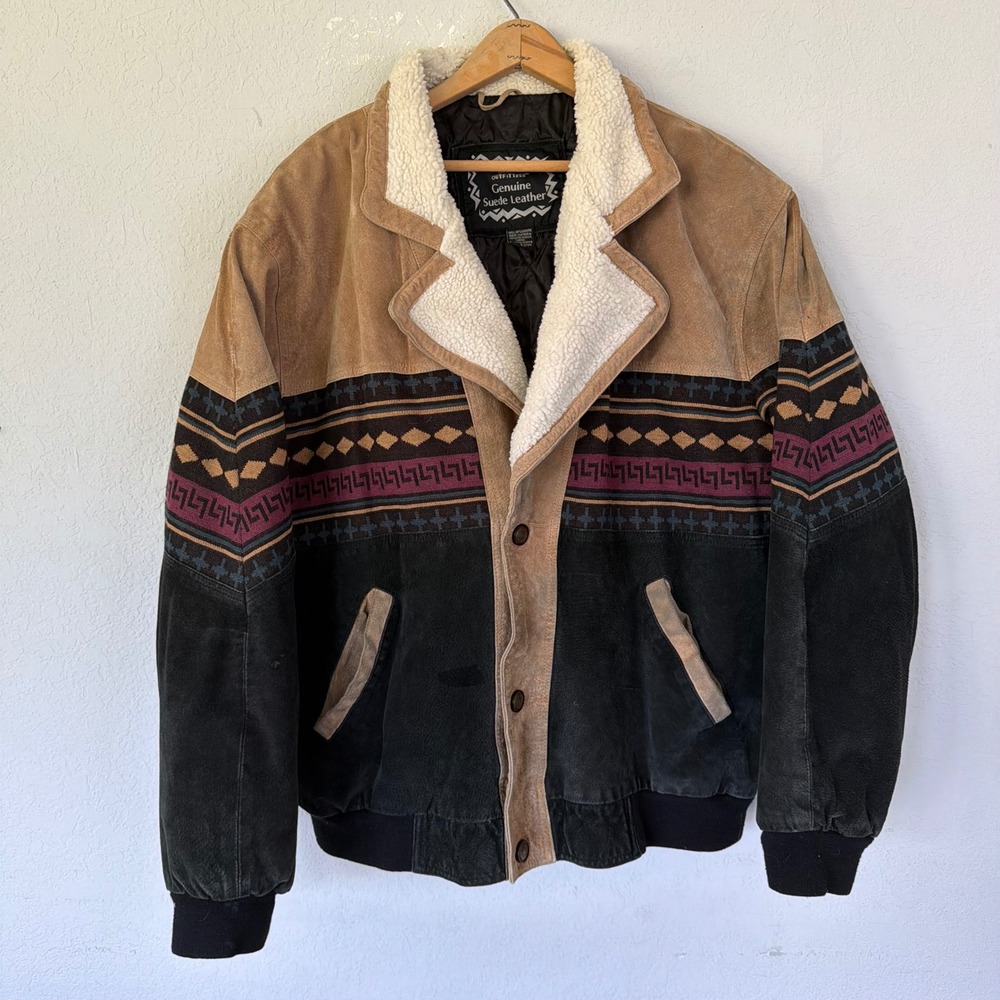 VTG Casual Outfitters Aztec Sherpa Jacket Suede Leather Navajo Southwestern 2XL